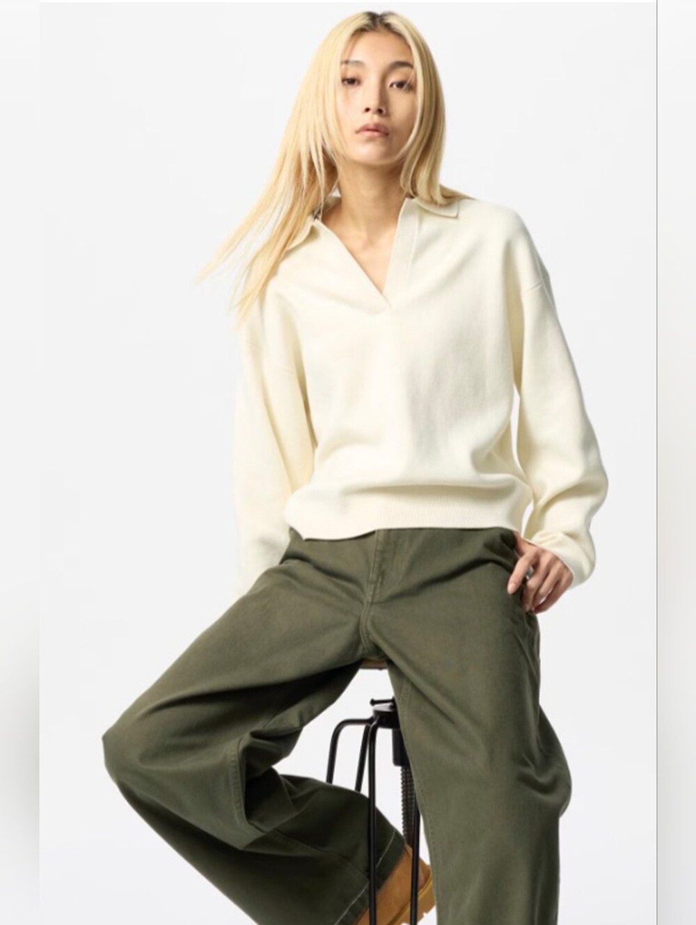 Uniqlo Smooth Cotton Relaxed Polo Sweater - Cream
